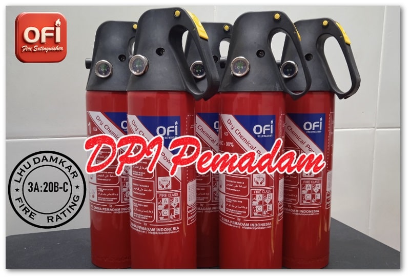 Lima unit APAR OFI 1 kg dry chemical powder tersusun rapi sebagai produk pemadam api ringan untuk proteksi kebakaran.