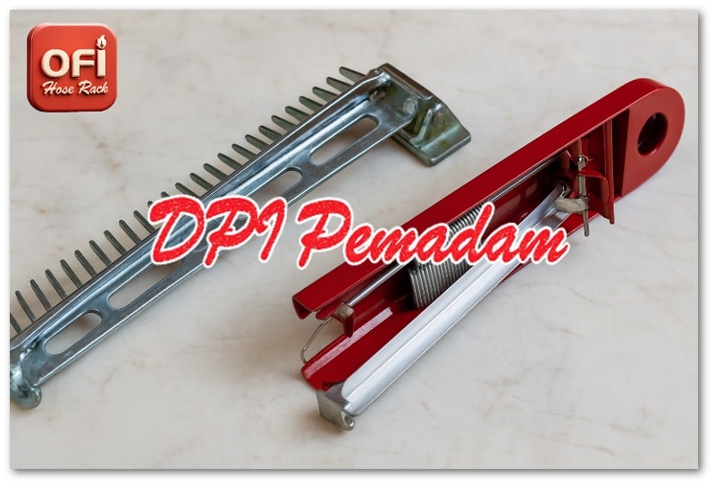 Hose Rack Hydrant OFI berbahan aluminium alloy dan steel, tampilan landscape untuk komponen indoor hydrant system.