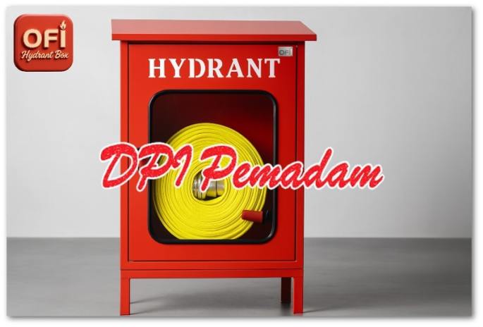 Hydrant Box OFI tampak depan dengan kaca dan selang pemadam warna kuning.