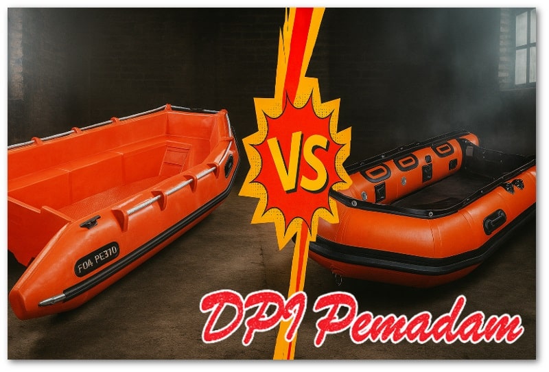 Perbandingan perahu polyethylene FDA PE370 dan perahu karet oranye dalam tampilan realistis dan estetis, dipisahkan oleh grafis VS berwarna merah-kuning dalam format landscape 16:9, dengan latar gudang gelap dan pencahayaan dramatis.