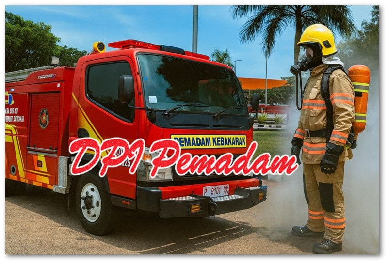 Petugas pemadam kebakaran memakai full turnout gear lengkap dengan helm, sarung tangan, SCBA, berdiri dekat truk pemadam dalam suasana smoky ringan saat operasi lapangan.