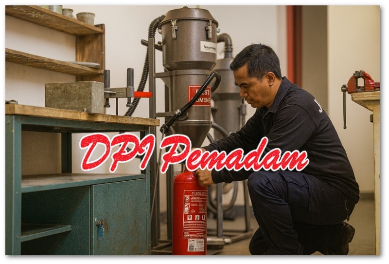 Seorang petugas sedang melakukan pengisian ulang powder pada apar dengan menggunakan powder refilling machine