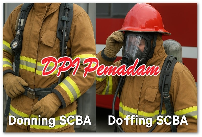 Petugas pemadam kebakaran melakukan donning dan doffing SCBA sesuai prosedur keselamatan.
