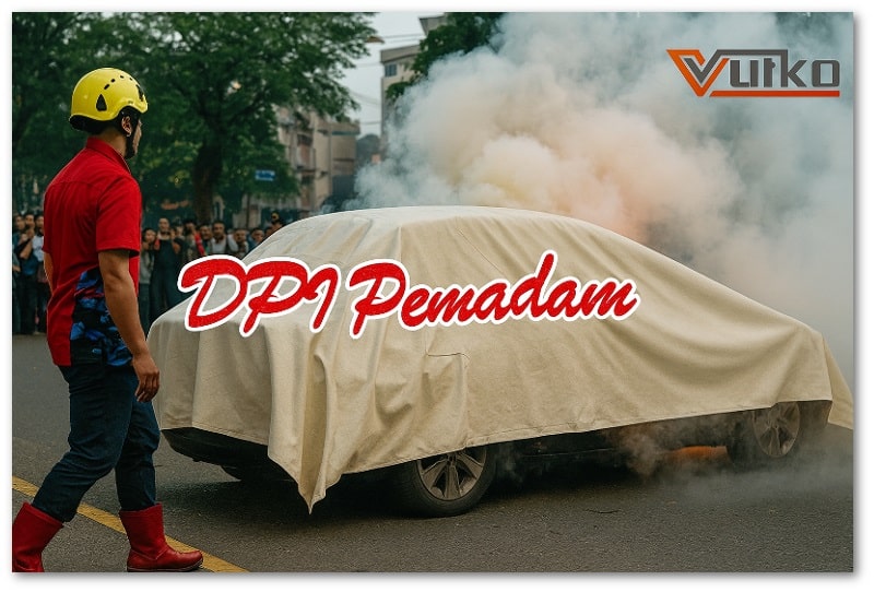 Petugas pemadam menutupi mobil listrik dengan EV fire blanket Vulko di jalan raya, dengan asap mengepul dan kerumunan warga menyaksikan proses pemadaman