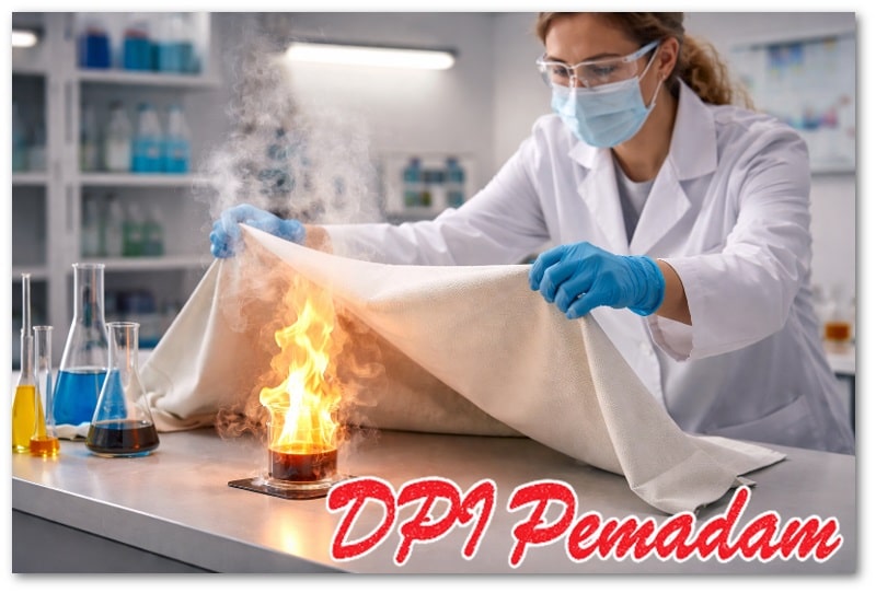 Penggunaan fire blanket untuk memadamkan api di laboratorium sebagai bagian dari prosedur keselamatan kerja.