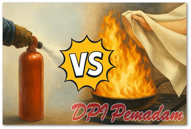 Ilustrasi perbandingan penggunaan fire extinguisher dan fire blanket, menunjukkan perbedaan cara memadamkan api pada situasi darurat.