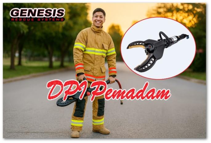 Seorang petugas pemadam sedang berpose memegang hydraulic cutter genesis c195 nxtgen di outdoor.