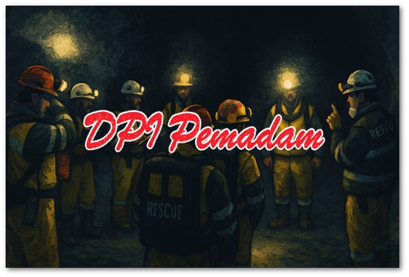 Ilustrasi petugas mine underground rescue sedang berkoordinasi di dalam terowongan tambang dengan perlengkapan keselamatan lengkap dan lampu helm.
