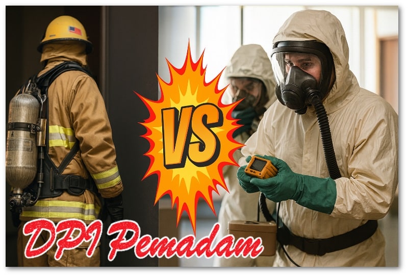 Perbandingan SCBA dan PAPR sebagai alat pelindung pernapasan, menampilkan petugas pemadam kebakaran dengan SCBA dan petugas hazmat menggunakan PAPR.