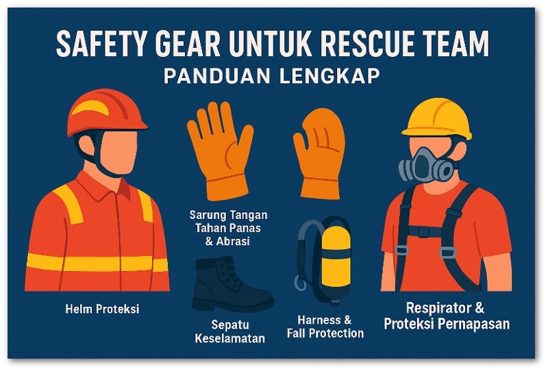 Ilustrasi perlengkapan APD tim rescue seperti helm, sarung tangan tahan panas, sepatu safety, harness, serta respirator untuk operasi penyelamatan