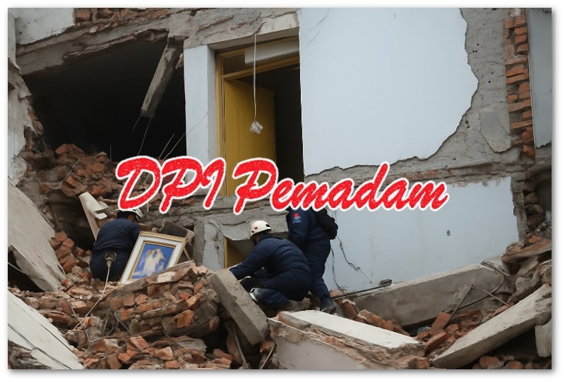 Tim penyelamat USAR sedang melakukan operasi pencarian dan evakuasi di reruntuhan bangunan runtuh dengan peralatan teknis lengkap.