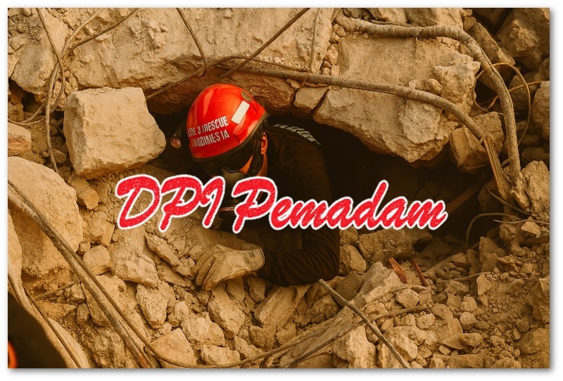 Petugas fire rescue Indonesia melakukan operasi penyelamatan di sela-sela reruntuhan bangunan kota setelah gempa dalam misi urban search and technical rescue.