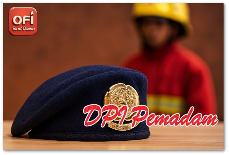 Baret Damkar Biru Dongker dengan emblem resmi dan lipatan kanan
