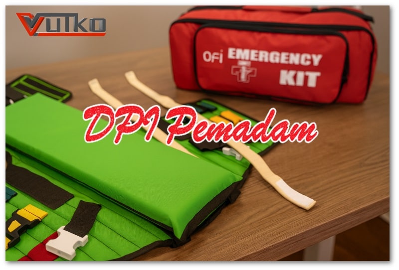 Gambar extrication device pediatric Vulko berwarna hijau yang diletakkan di atas meja, dengan latar belakang buram tas emergency kit OFI merah sebagai perlengkapan evakuasi darurat.