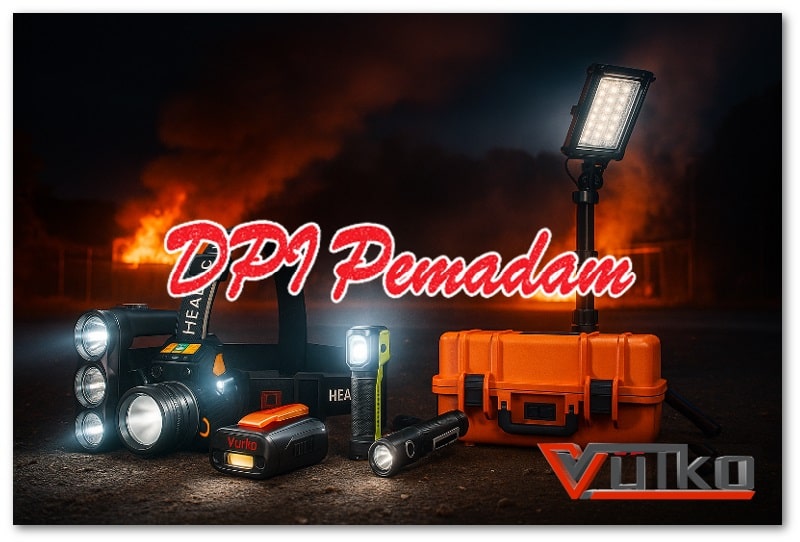 Koleksi perlengkapan penerangan profesional VULKO untuk pemadam kebakaran dan tim rescue, termasuk tripod light, headlamp, dan tactical flashlight.