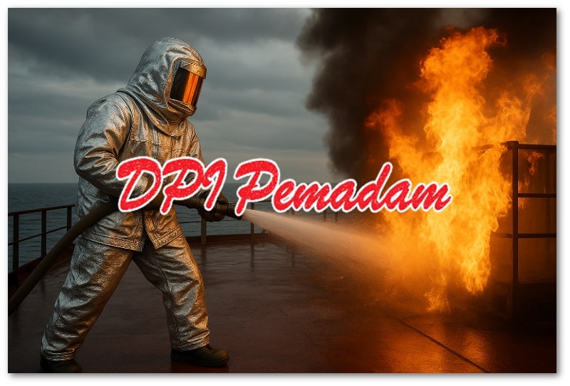 Petugas pemadam kebakaran di kapal menggunakan baju tahan api aluminium foil saat memadamkan api, menunjukkan contoh perlindungan ideal untuk pemilihan baju tahan api kapal.