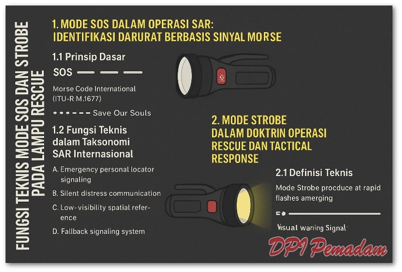 Ilustrasi perbandingan fitur SOS dan Strobe pada lampu penerangan rescue.