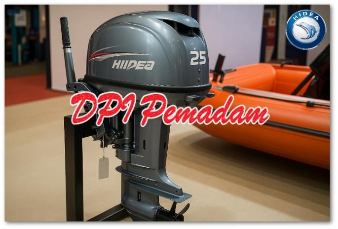 Mesin tempel HIDEA 25 PK outboard 2-tak dipasang pada stand pameran, cocok untuk keperluan SAR dan patroli.