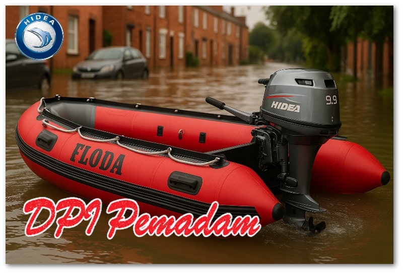 Perahu karet rescue FLODA FDA-270 yang dipasangi mesin tempel HIDEA 9.9 PK sedang berada di tengah banjir urban, dikelilingi mobil dan rumah terendam, menampilkan kondisi operasi SAR di area pemukiman.