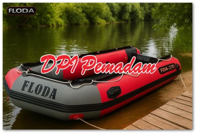 Perahu Karet Rescue FLODA FDA-270 ditambatkan di pinggir sungai untuk operasi SAR dan banjir.