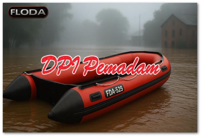 Perahu karet merah FDA-525 sepanjang 5.25 meter mengapung di tengah banjir dengan suasana berkabut, tampak realistis dan estetis dalam format landscape 16:9.