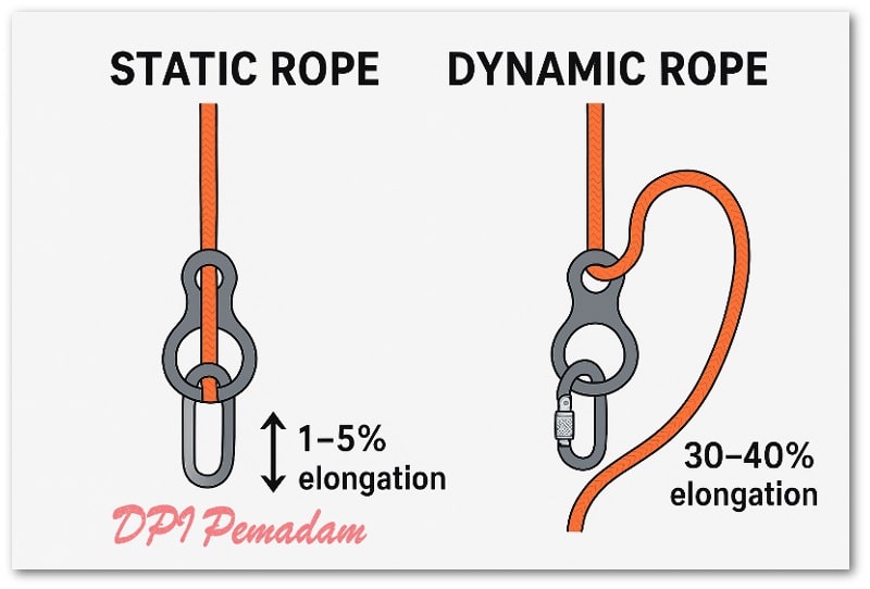Ilustrasi perbandingan static rope dan dynamic rope dalam format 16:9, menampilkan perbedaan elongation, karakteristik tali, serta visual rigging pada masing-masing jenis tali.