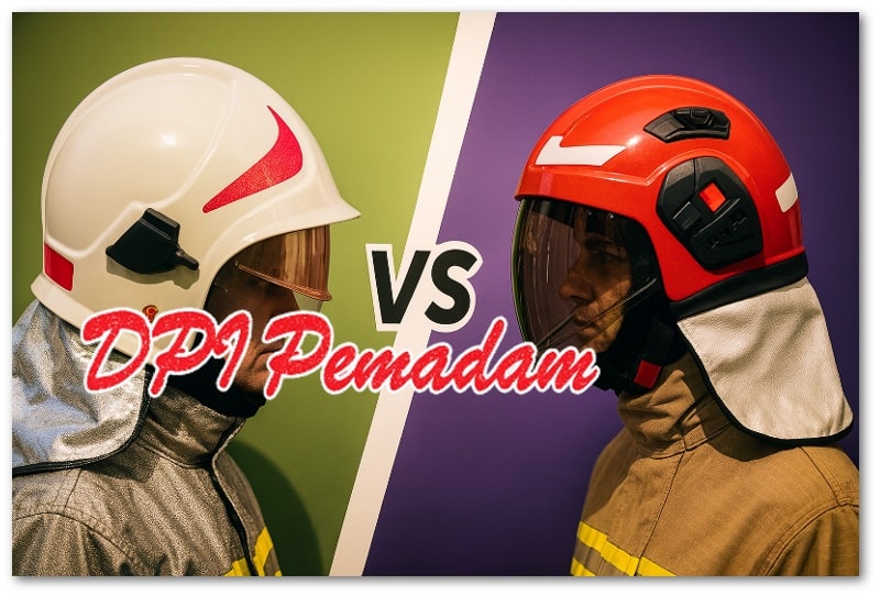 Perbandingan helm pemadam kebakaran PAB-05 dan VULCAN CV-102 dalam format realistis, ditampilkan berdampingan untuk menunjukkan perbedaan desain dan fitur.