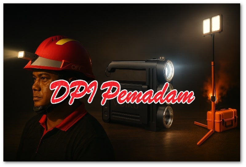 Ilustrasi teknis tiga jenis lampu rescue profesional—headlamp pada helm pemadam, searchlight Vulko, dan floodlight tripod—dalam satu scene operasi malam, menyorot area gelap sebagai contoh perbedaan fungsi masing-masing lampu.