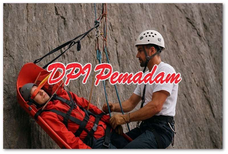 Operasi rope rescue high-angle dengan rescuer menurunkan korban menggunakan stretcher dan sistem tali di tebing batu.