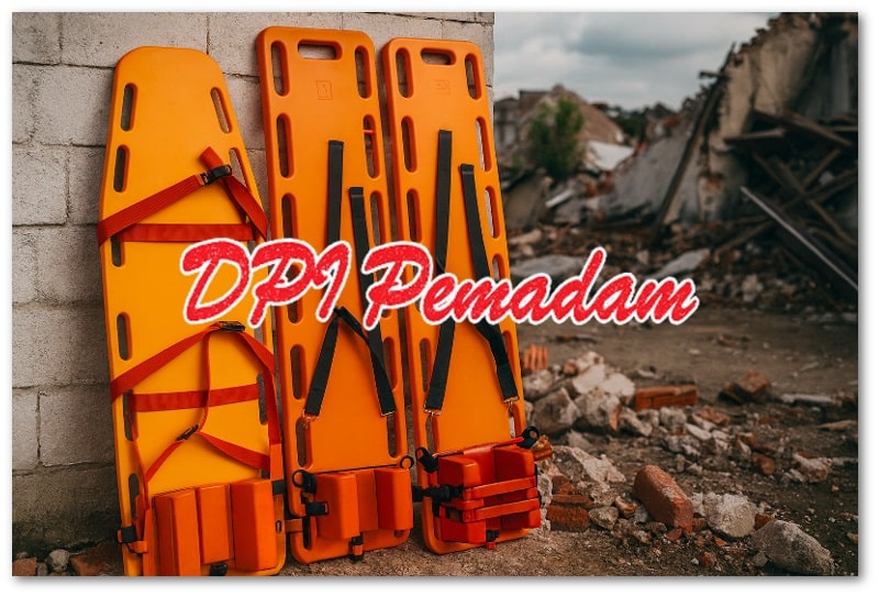 Dua spine board berwarna oranye lengkap dengan strap dan head immobilizer sedang berdiri bersandar di dinding, dengan latar belakang area reruntuhan pasca bencana sebagai simulasi penggunaan untuk evakuasi korban.