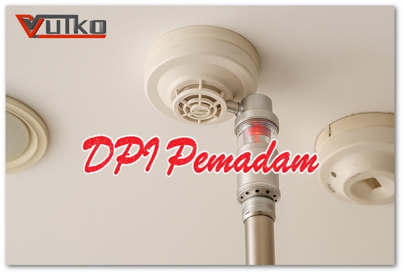 Alat smoke detector tester sedang digunakan untuk menguji dua perangkat smoke detector yang terpasang di plafon bangunan dalam tampilan realistis format landscape.