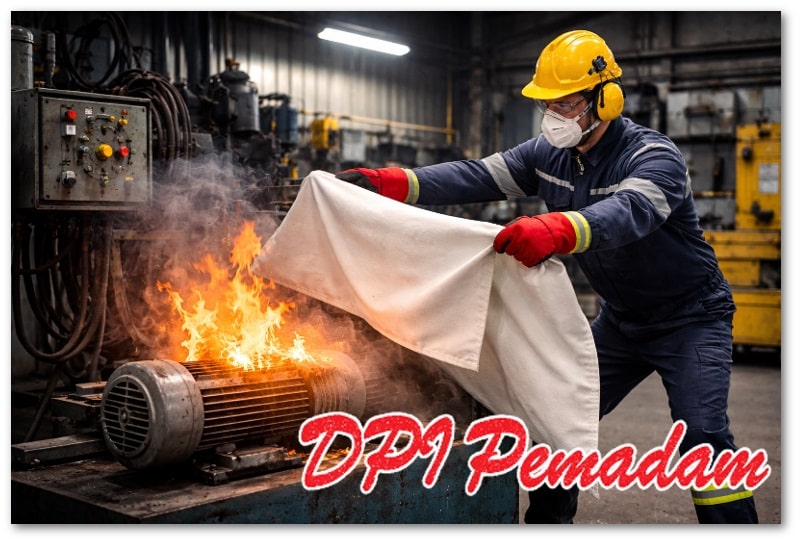 Penggunaan fire blanket industri untuk memadamkan api pada mesin di area produksi pabrik.
