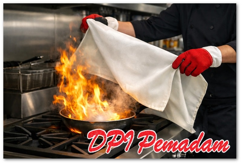 Penggunaan fire blanket sebagai solusi aman kebakaran minyak pada dapur komersial.