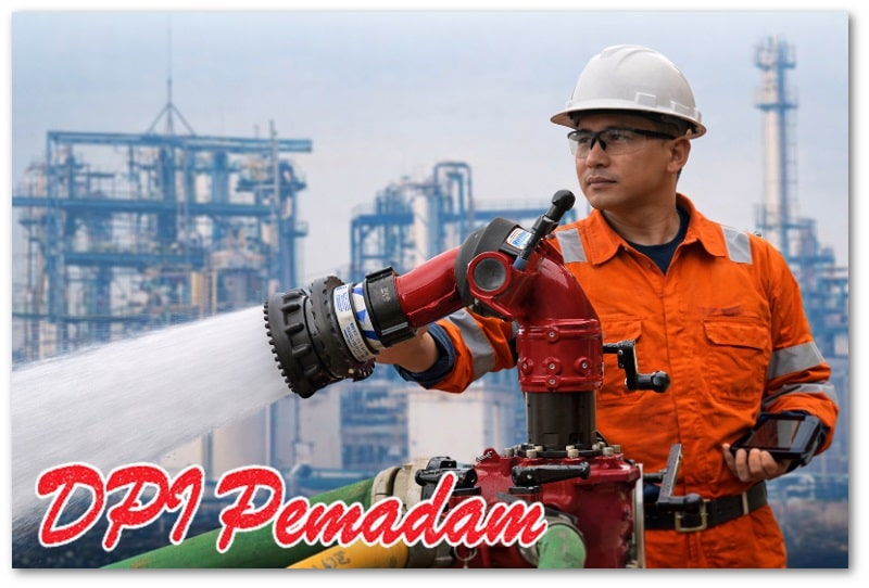 Industrial fire monitor di fasilitas industri dioperasikan oleh fire safety engineer ber-APD lengkap.