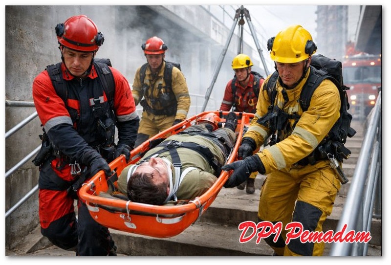 Tim rescue mengevakuasi korban menggunakan rescue stretcher sebagai bagian dari rescue equipment.