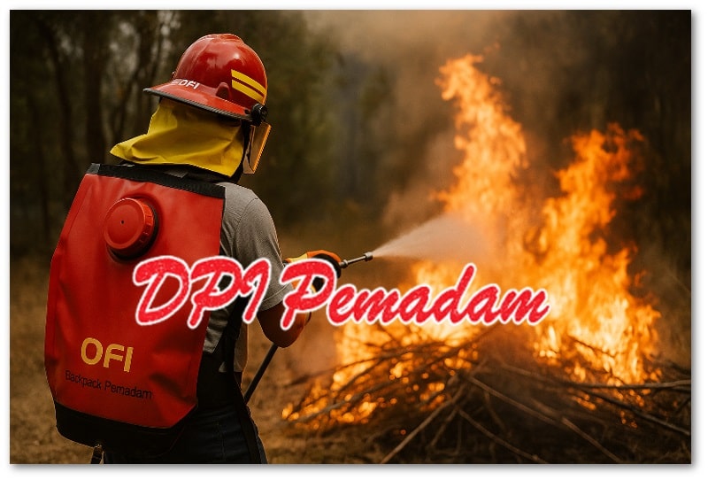 Petugas memadamkan kebakaran lahan menggunakan backpack fire pump sebagai bagian dari wildland firefighting equipment.