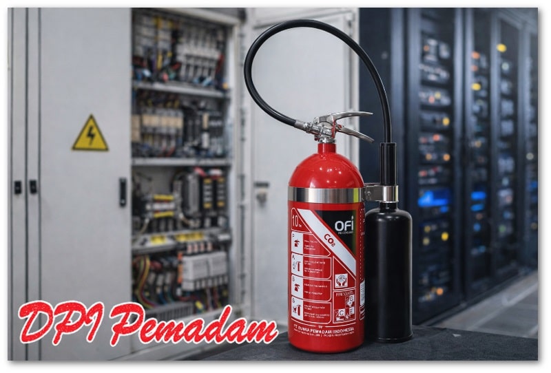 APAR CO₂ untuk pemadaman kebakaran listrik di ruang panel dan data center.