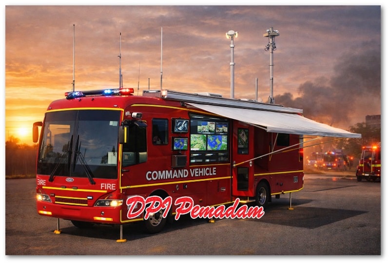 Mobil Komando pemadam kebakaran dengan antena komunikasi, panel monitoring, dan konfigurasi pusat kendali untuk operasi pemadaman dan penyelamatan.