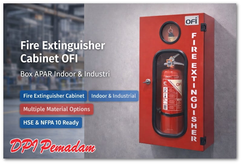 Fire Extinguisher Cabinet OFI dengan APAR terpasang di dalam, box APAR indoor dan industri untuk sistem proteksi kebakaran sesuai NFPA 10.
