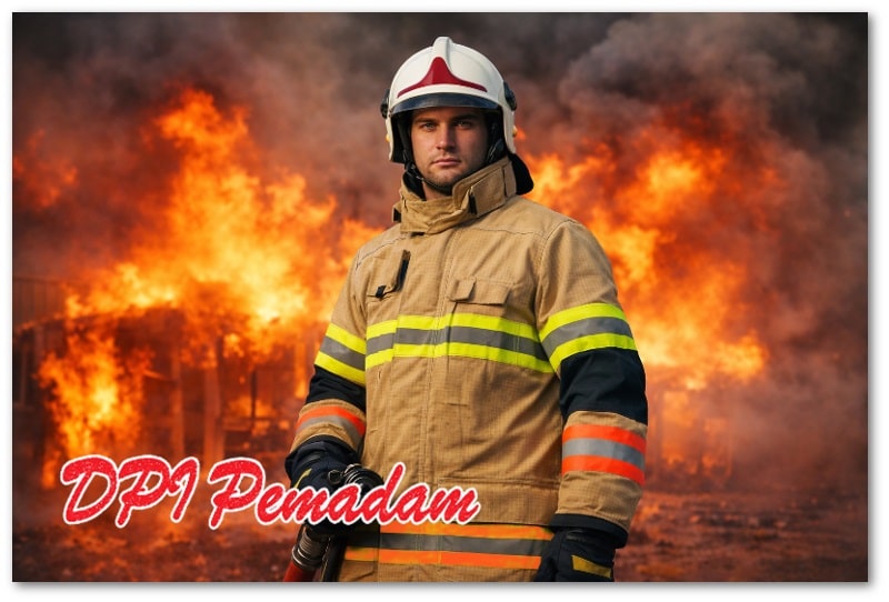 Petugas pemadam kebakaran mengenakan fire suit profesional dengan perlindungan panas dan api saat operasi pemadaman gedung.