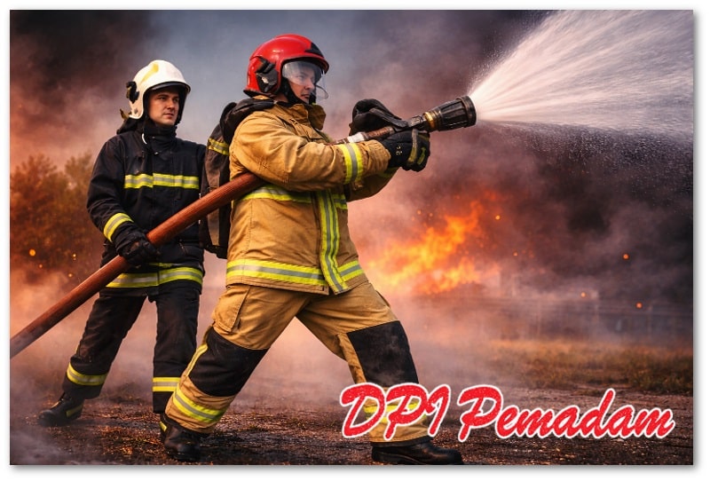Firefighter PPE lengkap melindungi petugas pemadam kebakaran dalam operasi pemadaman di kondisi ekstrem.