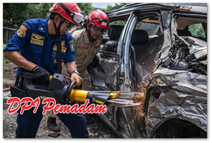 Hydraulic rescue tools digunakan dalam operasi ekstrikasi kendaraan dengan memotong struktur mobil ringsek.
