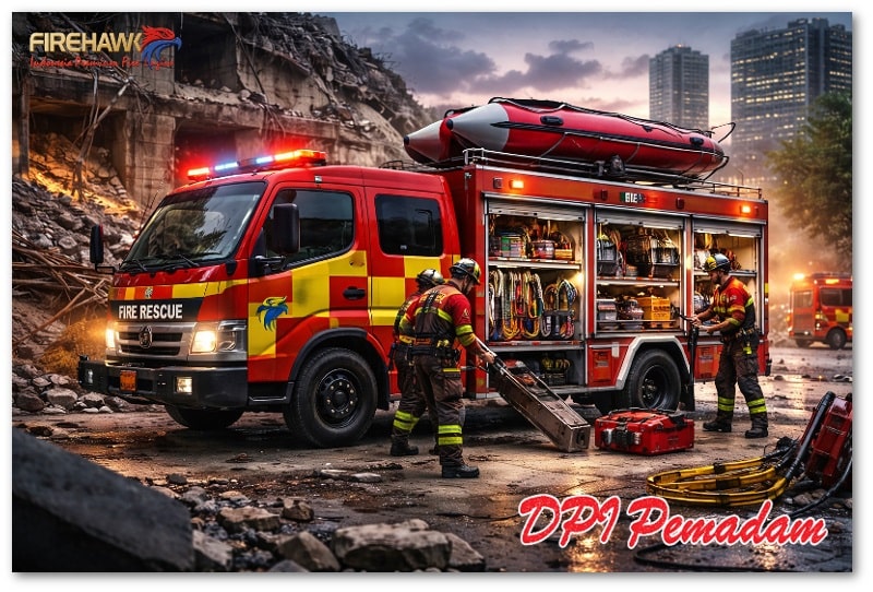 Rescue Vehicle dengan kompartemen peralatan terbuka dan petugas SAR sedang menggunakan hydraulic rescue tools di area bangunan runtuh saat operasi penyelamatan.