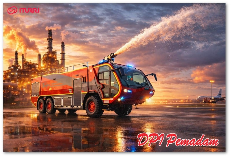Kendaraan pemadam khusus tipe Special Purpose Fire Vehicle dengan turret foam bertekanan tinggi di area bandara dan kilang industri saat operasi darurat.
